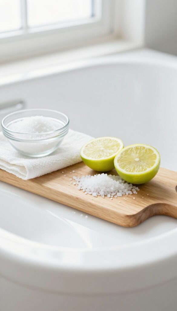 Lemon and salt natural scrub for bathtub cleaning