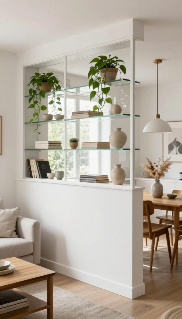 Glass-paneled partition with shelf dividing living and dining areas, featuring trailing plants and cookbooks