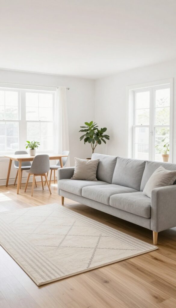 Open concept single-wide living room with two area rugs defining separate zones: a lounge area with a gray sofa on a cream rug and a dining nook on a striped beige rug, bright natural light, modern and clean style.