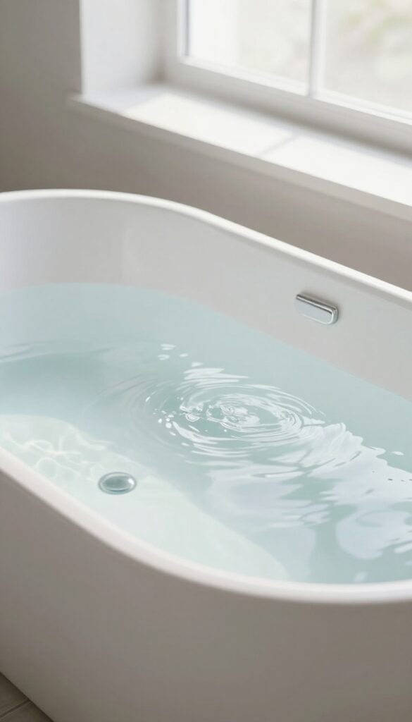 Steaming hot water filling a clean white jetted bathtub