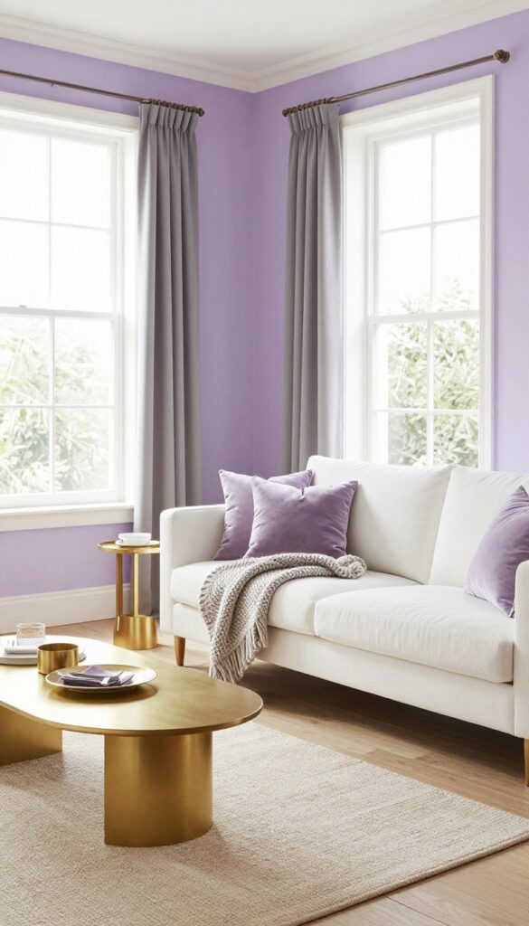 Bright living room with soft lavender walls, white sofa, light wood floors, gold accents, and natural light.