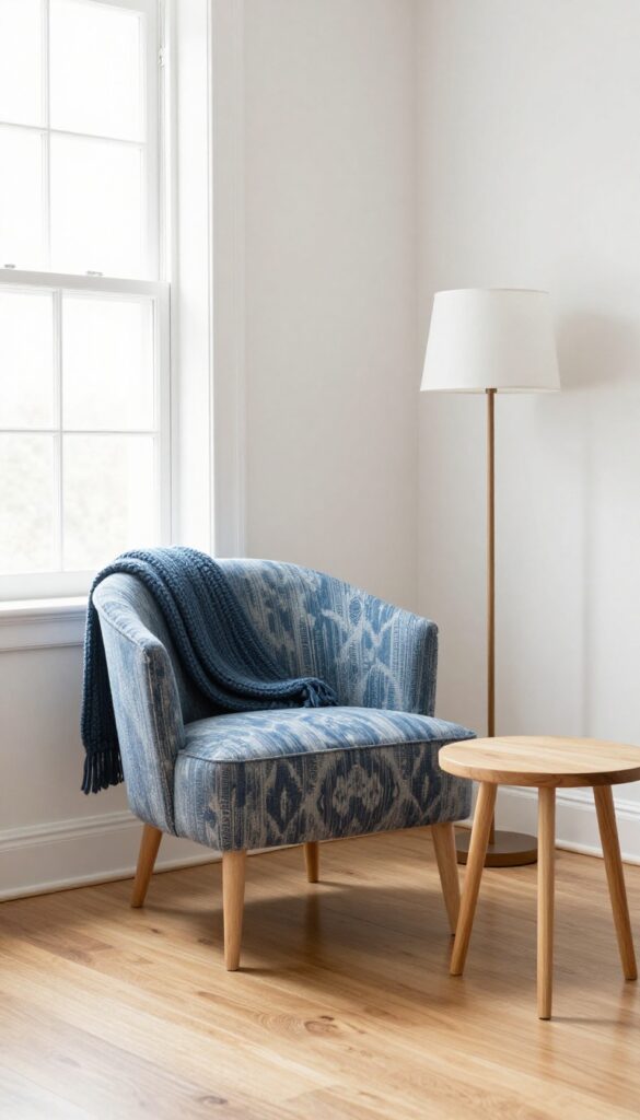 Blue accent chair with patterned upholstery in a neutral living room, styled with a throw blanket, side table, and floor lamp near a window.