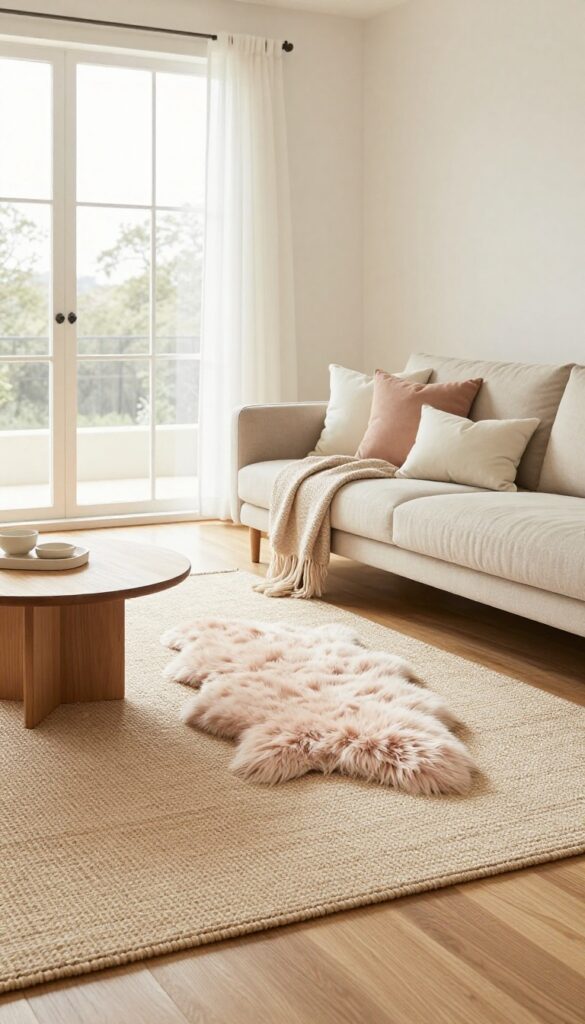 Layered rugs in a girly living room with a neutral jute base and a fluffy blush top rug, soft natural light, cozy and feminine.