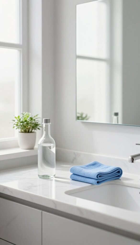 Clean bathroom counter with folded microfiber cloth, mirror, and natural light