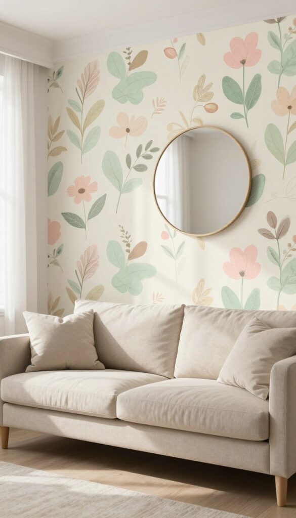Living room with large-scale abstract floral wallpaper accent wall behind sofa, neutral decor, soft colors, natural light