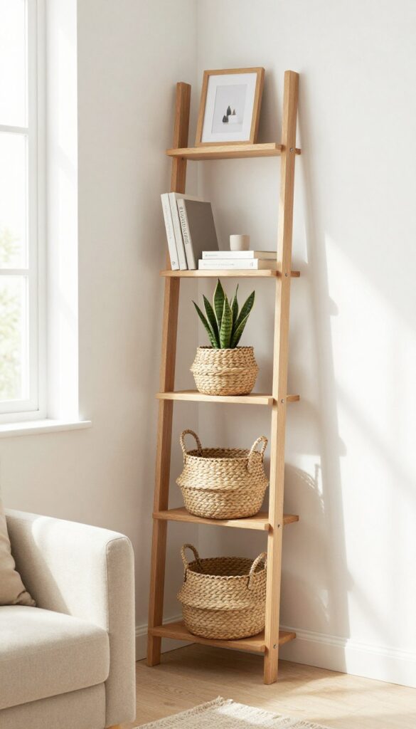 Ladder shelf with woven baskets in a small living room, offering casual storage and decor.