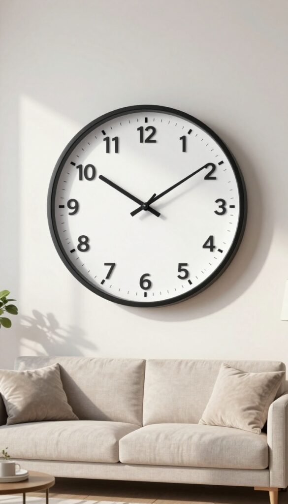 Living room with oversized wall clock as focal point
