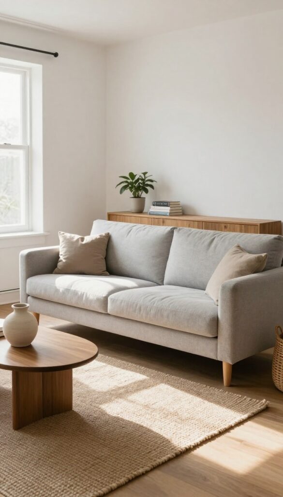Living room with sofa floated away from wall, console table behind, rug anchoring seating area, natural light