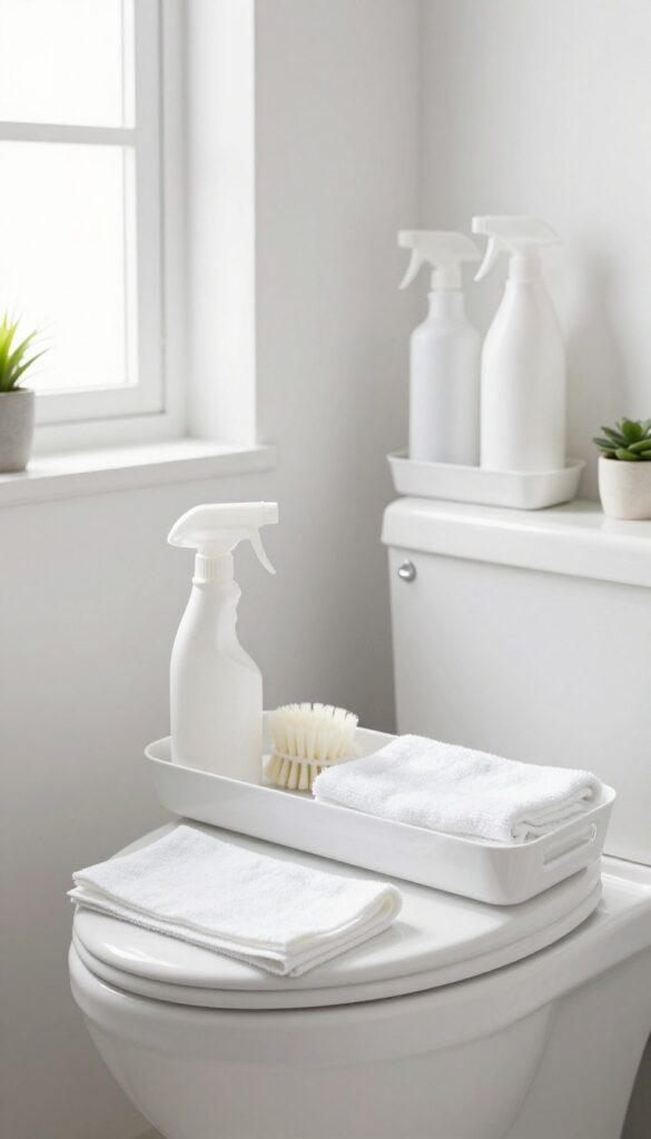 Bathroom cleaning caddy with supplies on toilet lid, shower cleaning tools on bathtub edge, bright natural light, minimalist decor