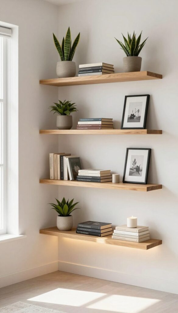 Floating shelf gallery wall in a bright living room with books, plant, and framed print