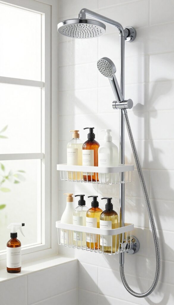 Clean white wire shower caddy with glass bottles, bright natural light, spotless surface, organized bathroom decor
