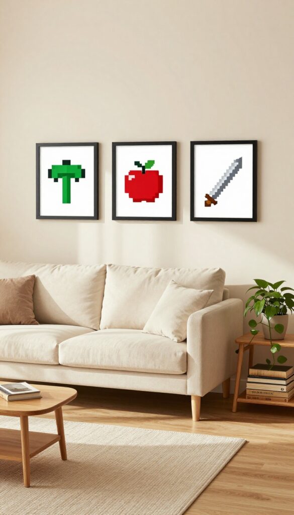 Gallery wall with framed pixel art of Minecraft items above a sofa in a cozy living room