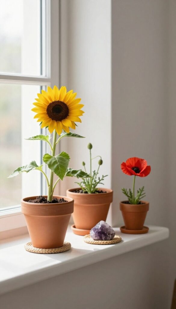 Sunflower and poppy planters on a windowsill in a bright, neutral living room