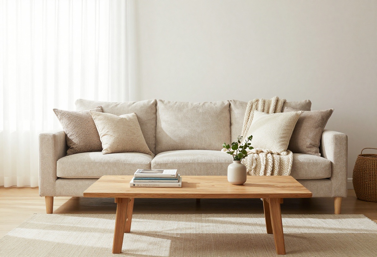 Beige sofa styled with cushions, throw, and greenery in a bright living room