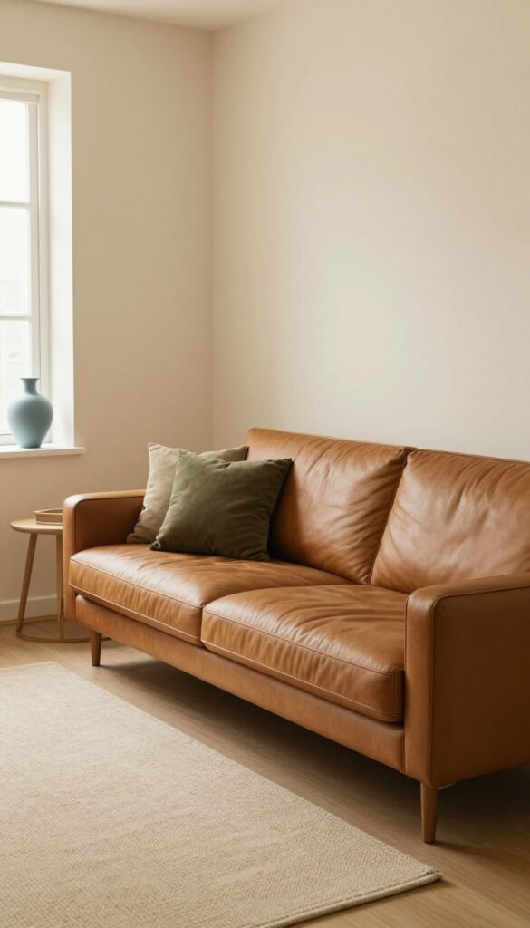 Small living room with cognac leather couch, cream walls, beige rug, olive green pillows, and dusty blue vase.