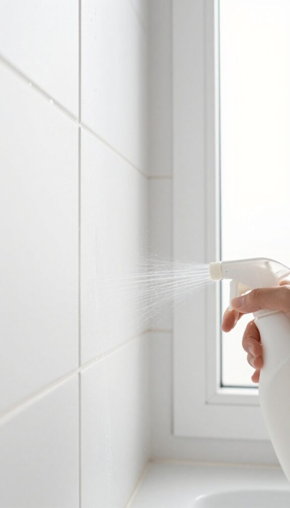 Rinsing clean shower grout with a spray bottle