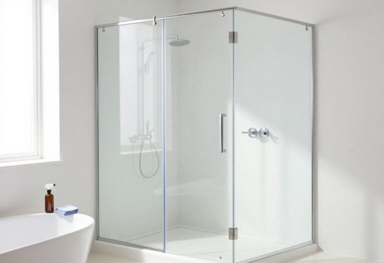 A sparkling clean shower with glass doors and white tiles, cleaning supplies on the edge