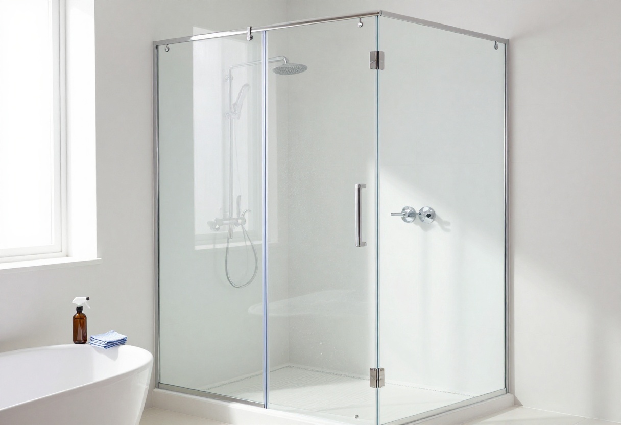 A sparkling clean shower with glass doors and white tiles, cleaning supplies on the edge