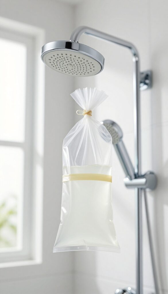 A showerhead with a plastic bag of vinegar tied around it for cleaning