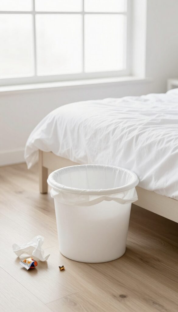 Empty trash can in a clean bedroom with natural light
