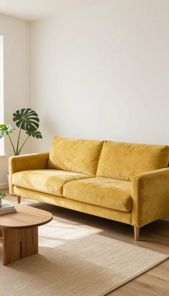 Mustard sofa on a low-pile beige rug in a small bright living room with natural light and plants