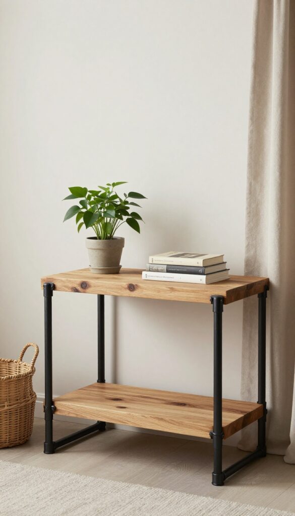 Industrial pipe vanity with wooden shelf in a bright living room corner, featuring a plant, books, and a woven basket below.