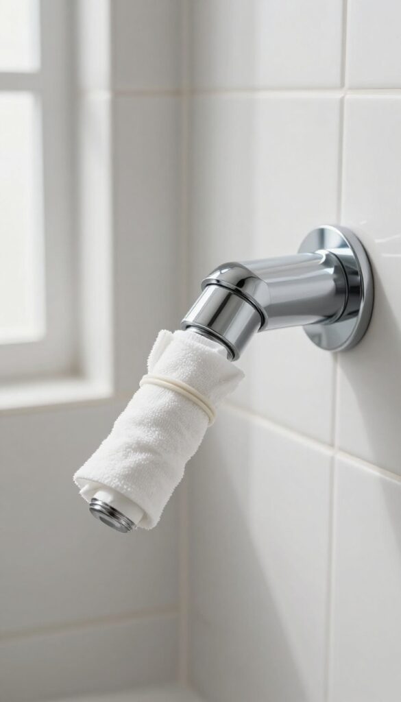 Close-up of a shower arm with a vinegar-soaked cloth wrapped around the threads, set against a tiled bathroom wall.