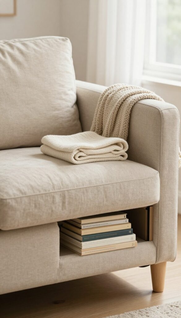 Sofa with storage under seat cushion, revealing folded blankets and books, warm beige linen, small living room, natural light