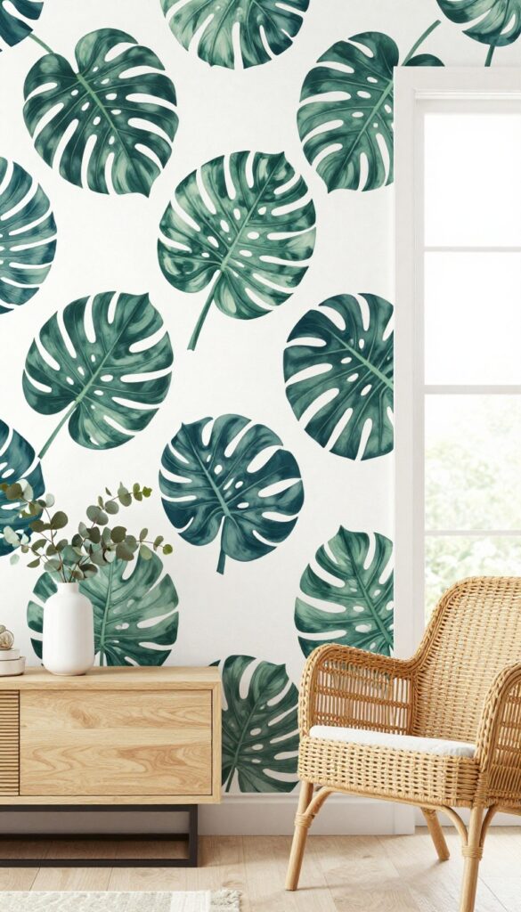 Living room with modern botanical wallpaper in navy and white, featuring graphic monstera leaves, light wood furniture, and natural light.