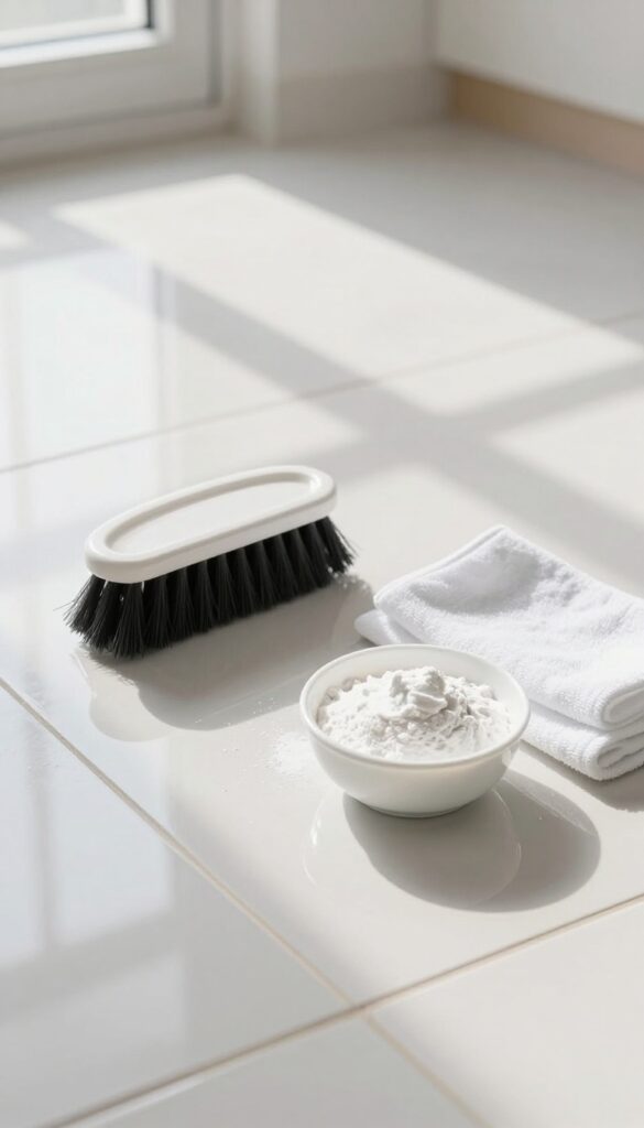 Soft-bristle brush and microfiber cloth on a clean tile floor with bright grout lines