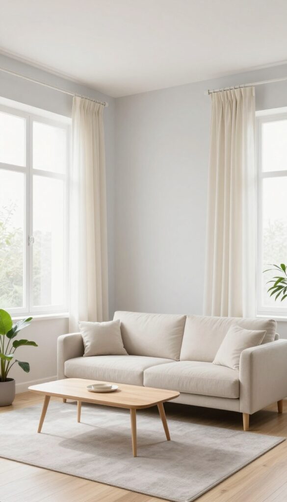 Tiny living room with white ceiling and pale gray walls, light wood floors, small sofa, and plants, creating an airy and spacious feel.