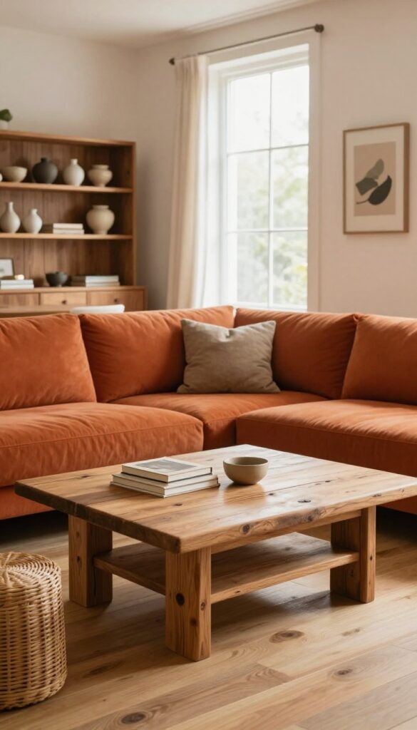 Burnt orange sofa with reclaimed wood coffee table, rattan side table, and walnut shelving in a bright living room