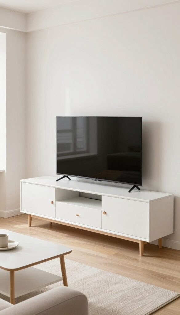 Compact living room with a convertible TV cabinet that doubles as a desk, closed to show a sleek media console