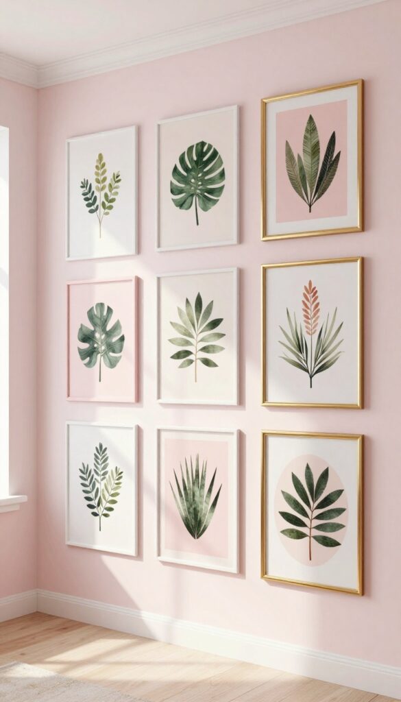 Pink and white gallery wall with mixed frame shapes and soft natural light in a girly living room