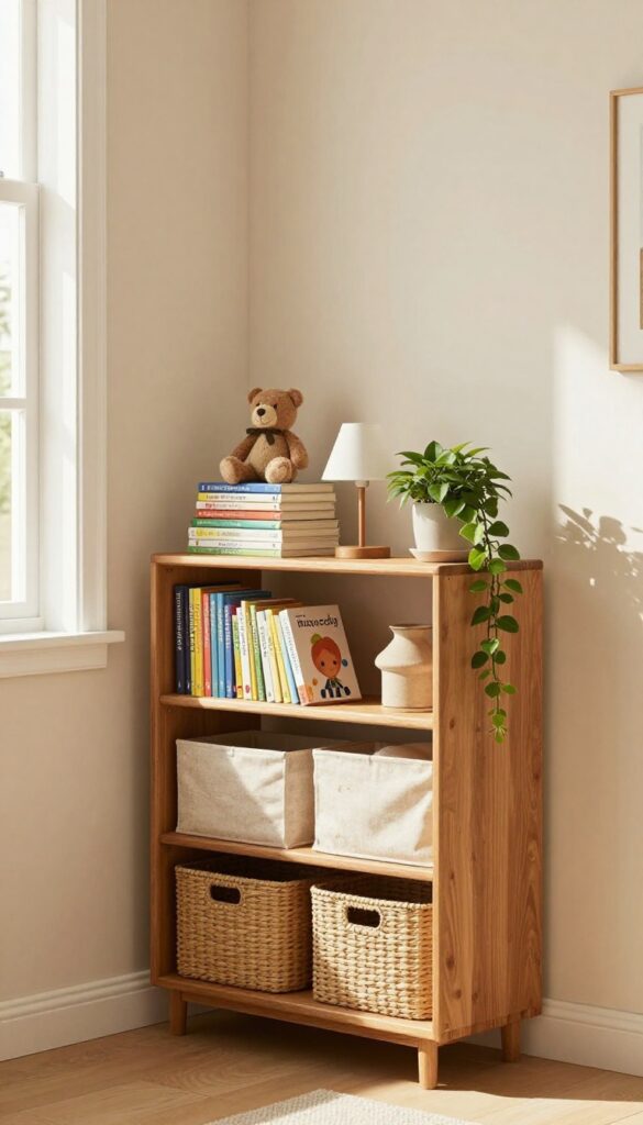 Low wooden bookshelf in living room with children's books, baskets, and a small lamp