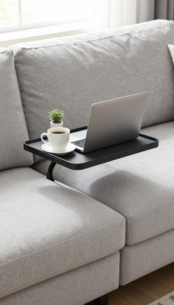 Close-up of a sofa with a pull-out tray holding a laptop and coffee, bright natural light, clean composition.