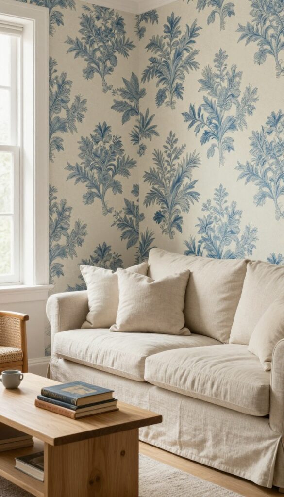Living room with vintage toile wallpaper accent wall, beige sofa, wooden coffee table, and cane armchair in natural light.