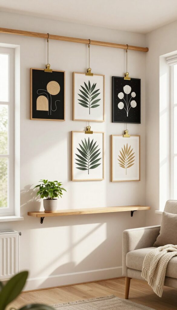 Living room corner with picture rail and clip-on frames displaying art, warm natural light