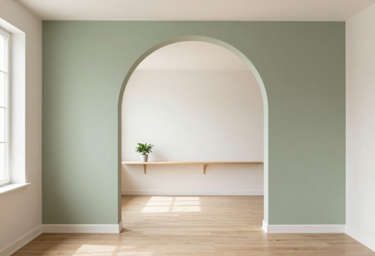 Modern living room archway painted sage green with a floating shelf and plant