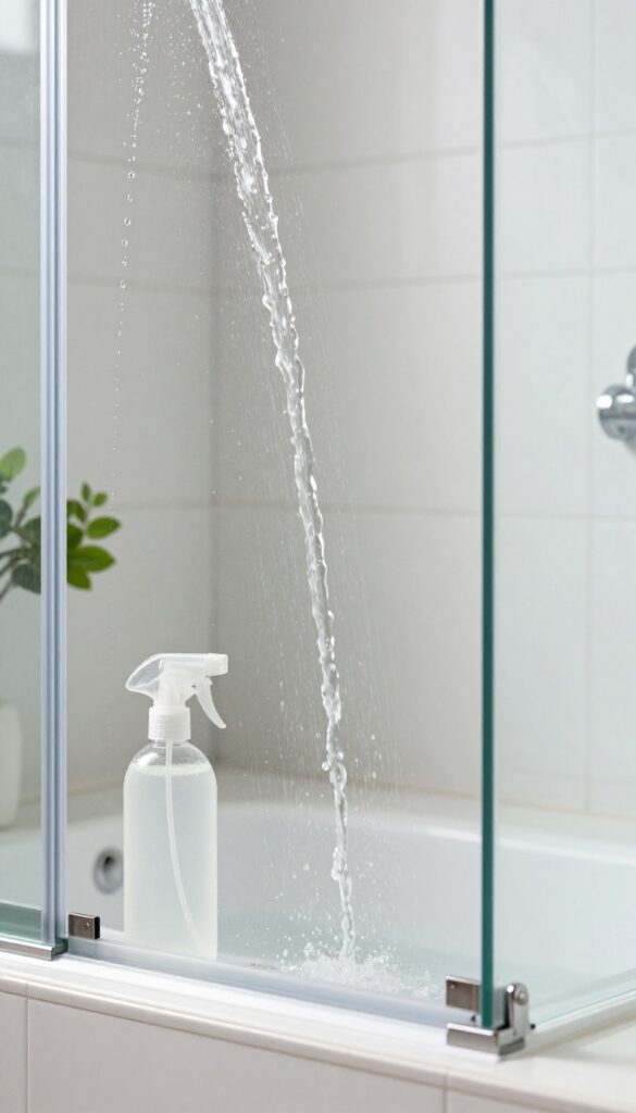 Homemade vinegar rinse aid spray on a clean glass shower door with water sheeting off, no streaks or spots.