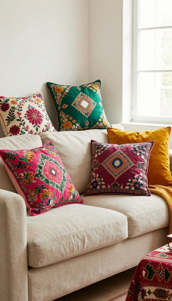 Bright cushions and throws in Indian-inspired patterns on a neutral sofa