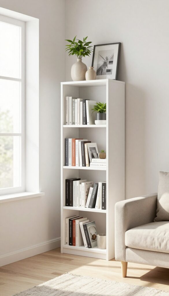 Minimalist living room with tall white bookshelf and floating shelves, bright natural light, open floor space