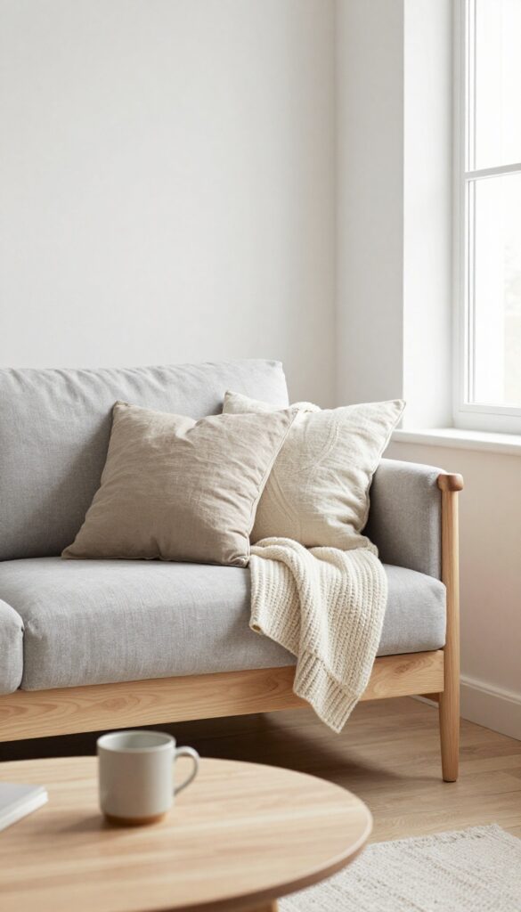 Scandinavian-style wooden sofa with tapered legs in a small modern living room, light birch frame, gray cushions, chunky knit throw, linen pillows, round wooden coffee table, natural light, cozy atmosphere.