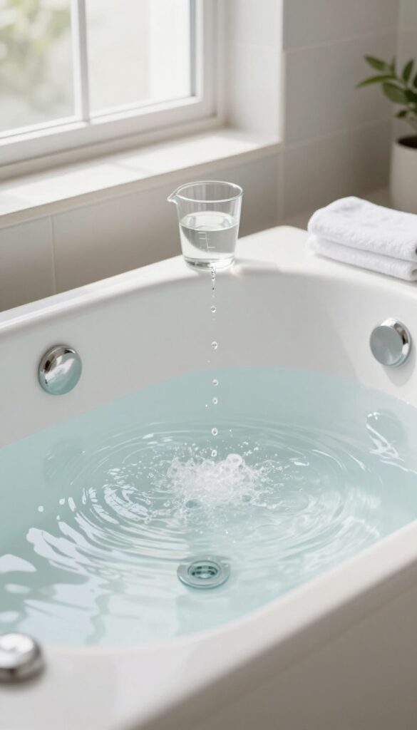 Jetted bathtub with running jets and vinegar treatment for deep cleaning