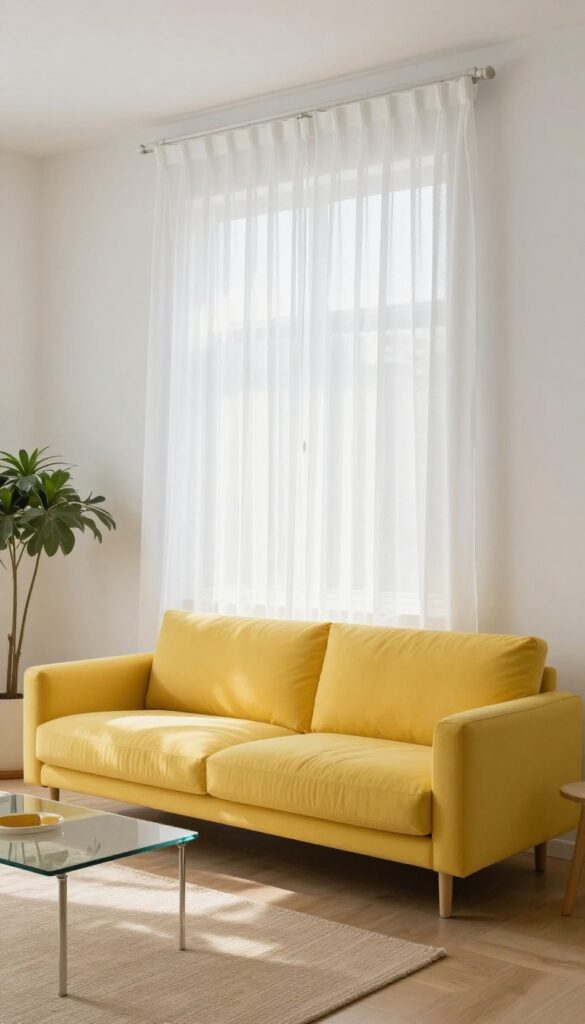 Bright living room with yellow sofa and sheer white curtains letting in soft natural light