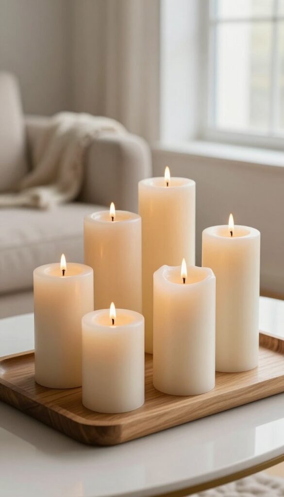 Cluster of neutral pillar candles on a wooden tray on a coffee table, with a mirror reflecting light, warm living room background.