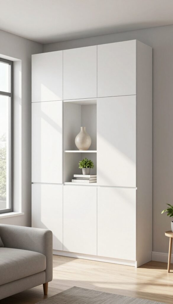 Floor-to-ceiling white cabinet with closed storage and open shelves in a bright living room