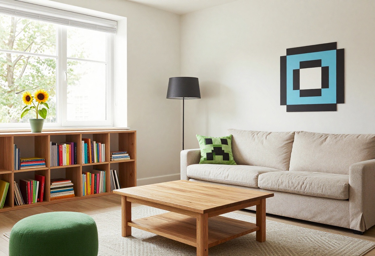 Cozy Minecraft-themed living room with pixel art bookshelf, creeper pillow, and wooden coffee table