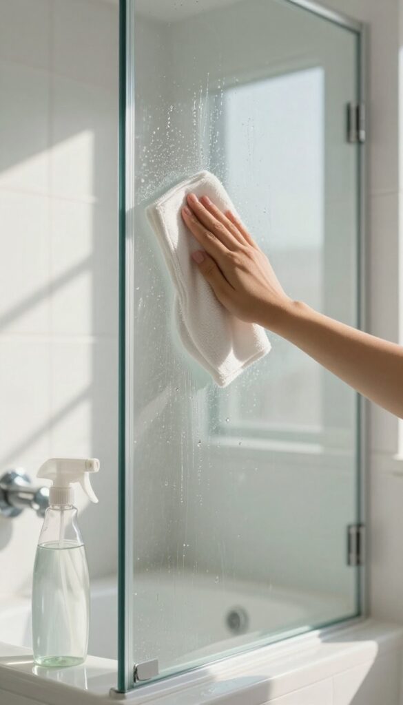 Cleaning a glass shower door in cool morning light to avoid streaks