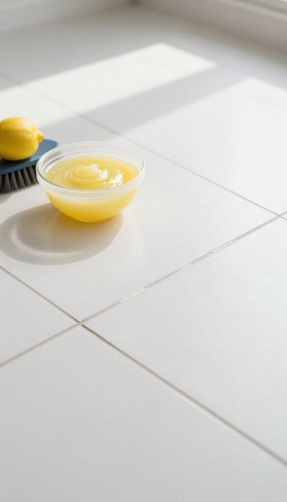 Lemon juice and cream of tartar paste on a tile floor for cleaning grout